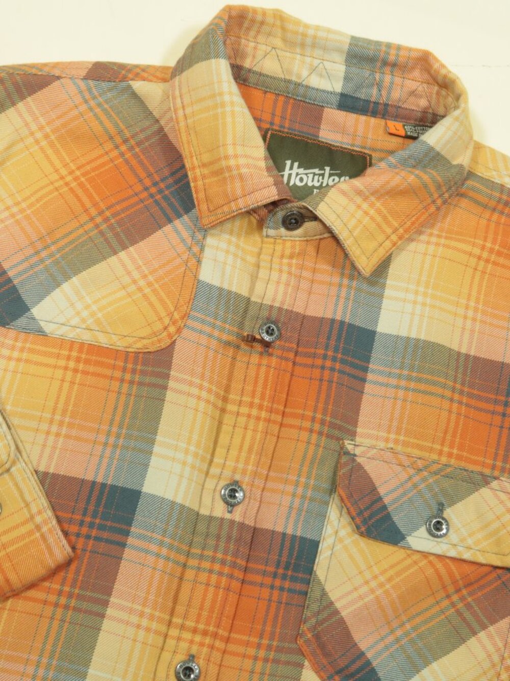 Howler Brothers Harkers Flannel Shirt Mens L Orange Cavern Plaid Refracting Sun